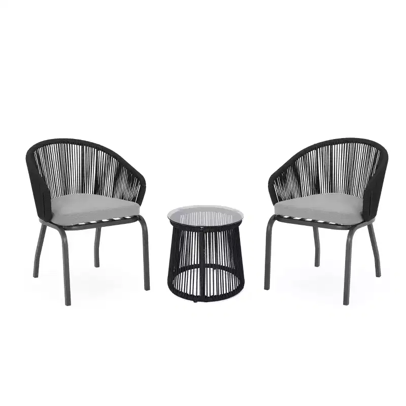 Christopher Knight Home Skycrest Outdoor Rope and Glass 3 Piece Chat Set with Cushion, Black/Gray