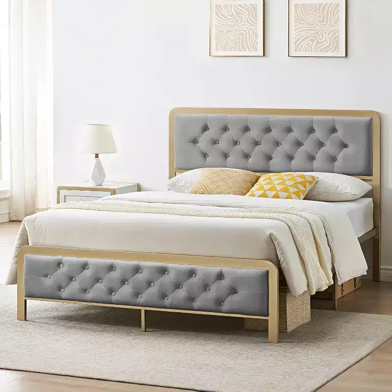 Golden Full Upholstered Bed Frame w/Button Tufted Headboard - Heavy Duty Metal, 12.6 Storage, No Box Spring Needed, Easy Assembly (Grey)