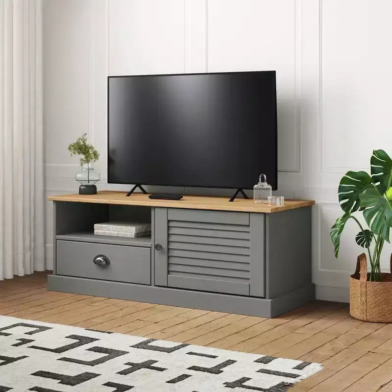 vidaXL Solid Pine Wood Entertainment Center VIGO - Gray TV Stand with Drawer, Metal Accents, 41.7x15.7x15.7 Inches, Ideal for Living Room and Bedroom