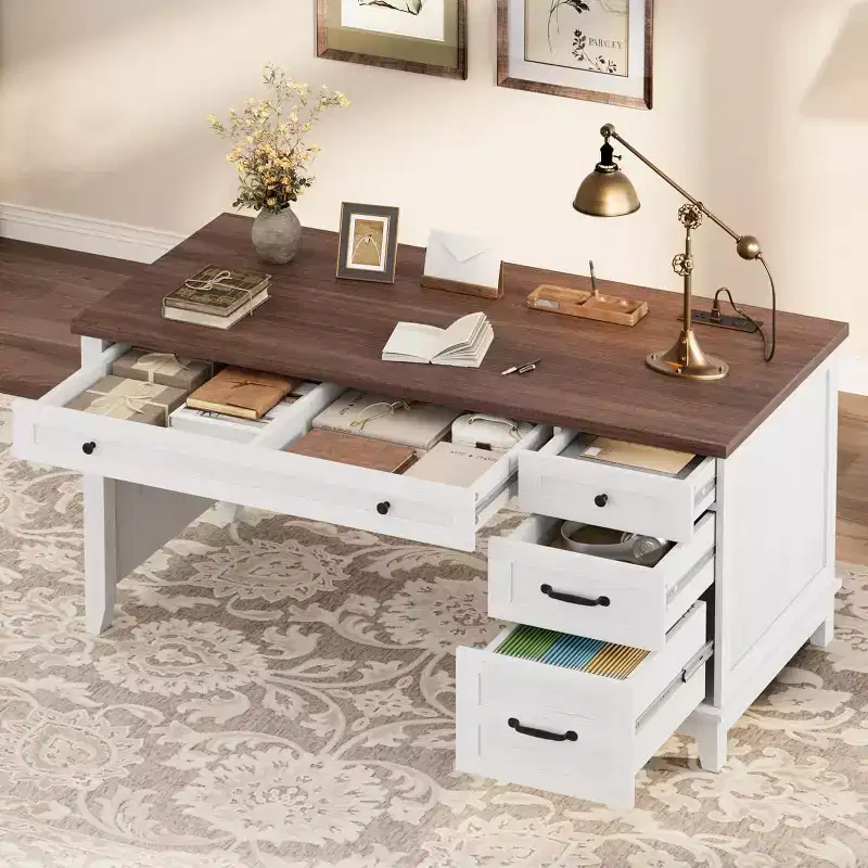 Acekool Executive Desk with Drawers and Charging Station, 53.54 Farmhouse Computer Desk with File Cabinet, Home Office Workstation, White Walnut