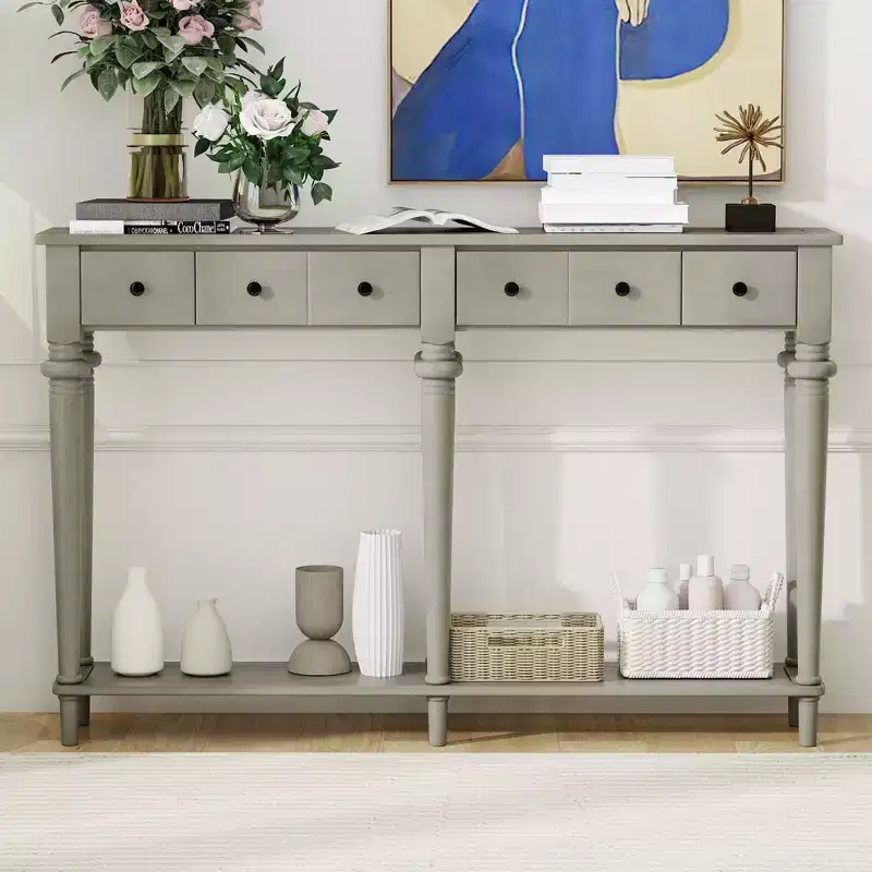 Okak 59.8IN Retro Entryway Table with 4 Drawers, Narrow Console Table with Open Shelves, Hallway Table for Living Room, Foyer, Gray Wash