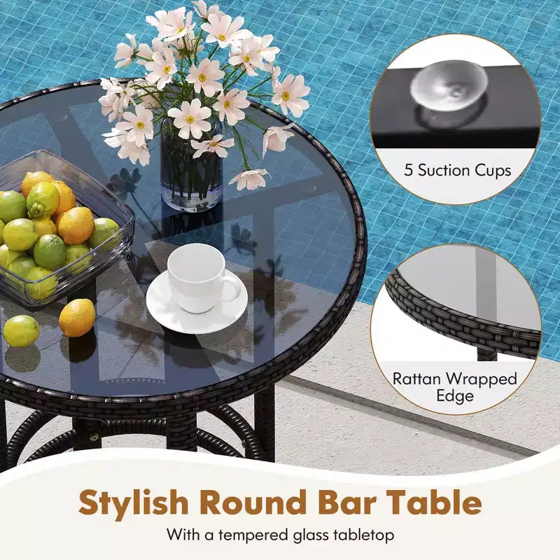 Costway 3 PCS Patio Rattan Bar Set Wicker Armchairs & Round Table with Tempered Glass Top