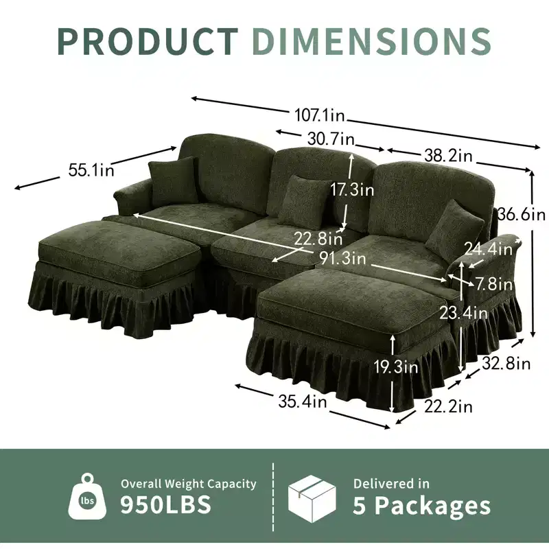 MooxvMoo 107in Chenille Midcentury Modern Sofa U Shaped Couch, with Detachable Ruffle Hem, Sectional Couches W/ Throw Pillows & 2 Ottoman, Green