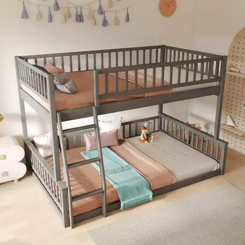 FAMYYT Queen Size Wood Bed?With Fence-shaped Guardrail, ladder, Easy Assembly
