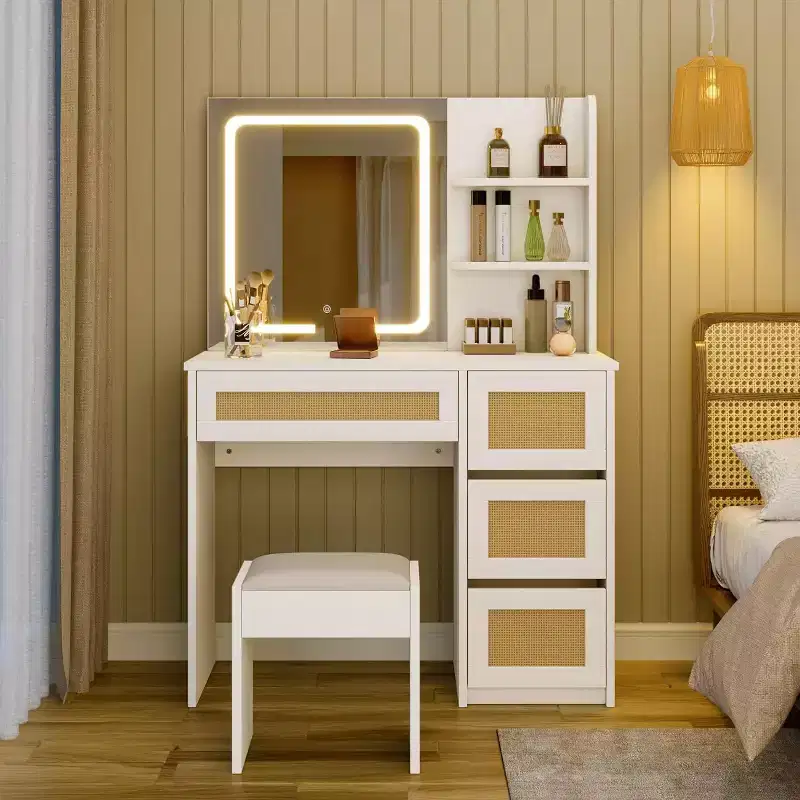 Rattan Vanity with Mirror, White & Gold Makeup Vanity Desk, 4 Drawers, 2 Open Shelves, Large Storage Dressing Table for Bedroom