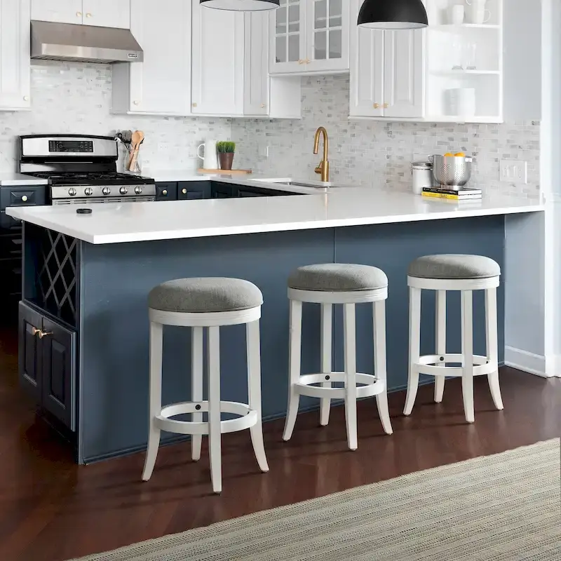 Avery White Wood Backless Swivel Bar Stool, Gray Fabric Seat
