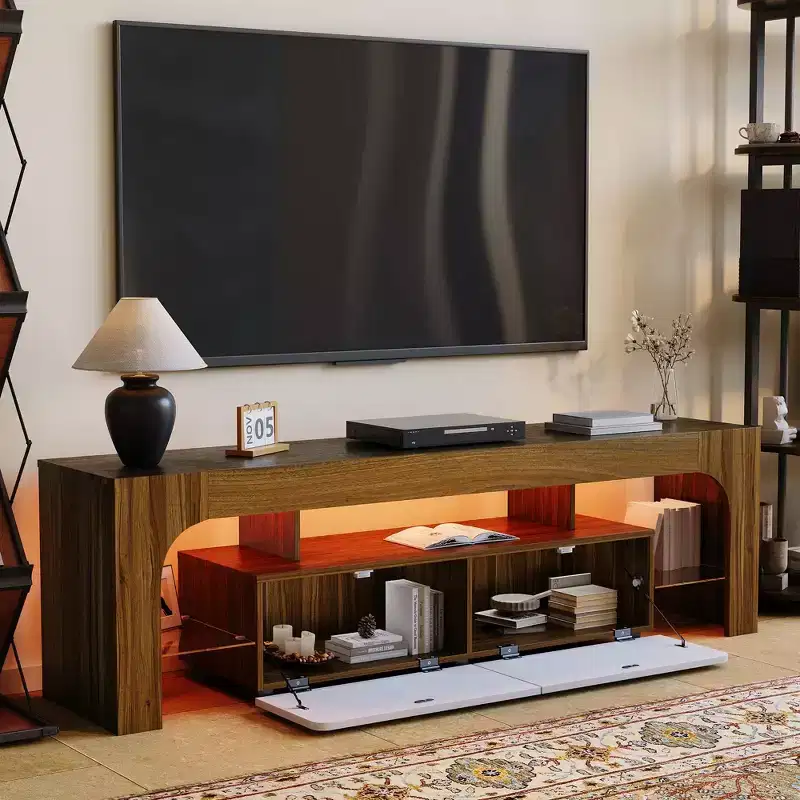 Modern LED TV Stand for TVs up to 70 Inch C White Wooden Entertainment Console with RGB Lighting, 2 Drawers, Adjustable Transparent Shelves