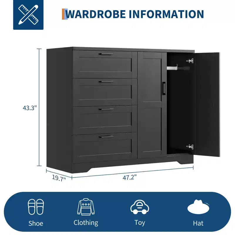 Acekool Wooden Armoire Wardrobe Closet with 2 Doors, 4 Drawers, Hanging Rod, Anti-Tip Design & Metal Handles, Modern Bedroom Storage