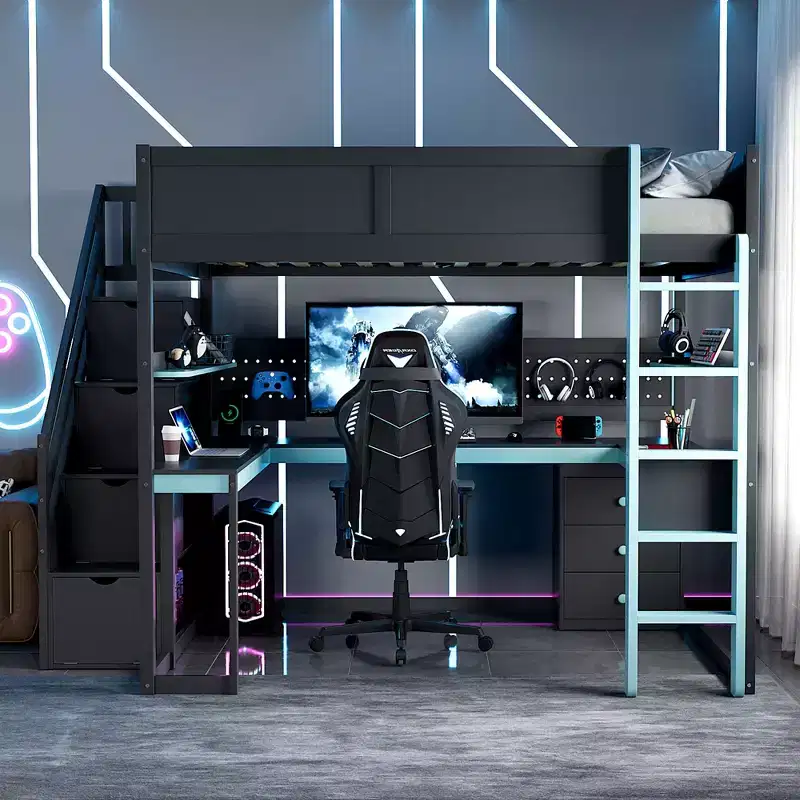 GDFStudio Scott Wooden Gaming Loft Bed with Storage Stairs, Desk, Shelves & Pegboard