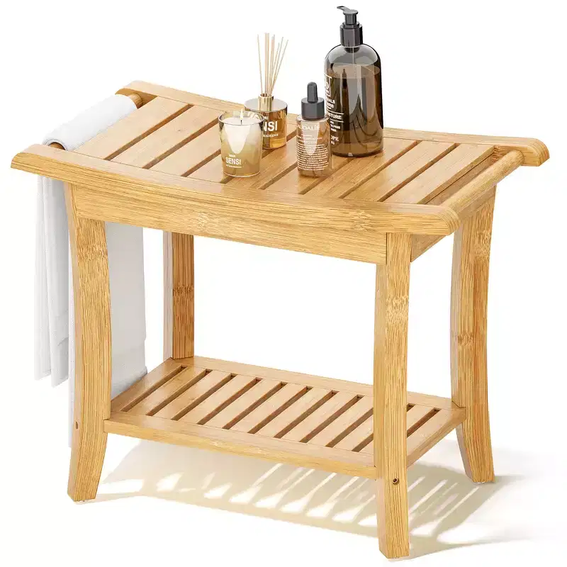 Bamboo Shower Bench with Storage Shelf Waterproof Bath Stool with Handles Non-Slip Pads 330 lb Capacity for Spa Bathroom Seniors
