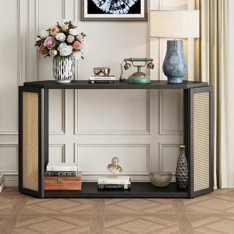 Model Narrow Entryway Table,Irregular Top with Rattan for Living Room