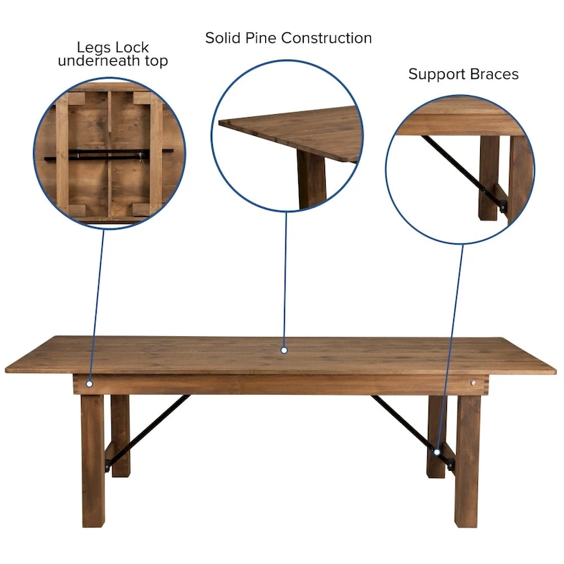 8' x 40 Rustic Folding Farm Table Set with 8 Cross Back Chairs and Cushions