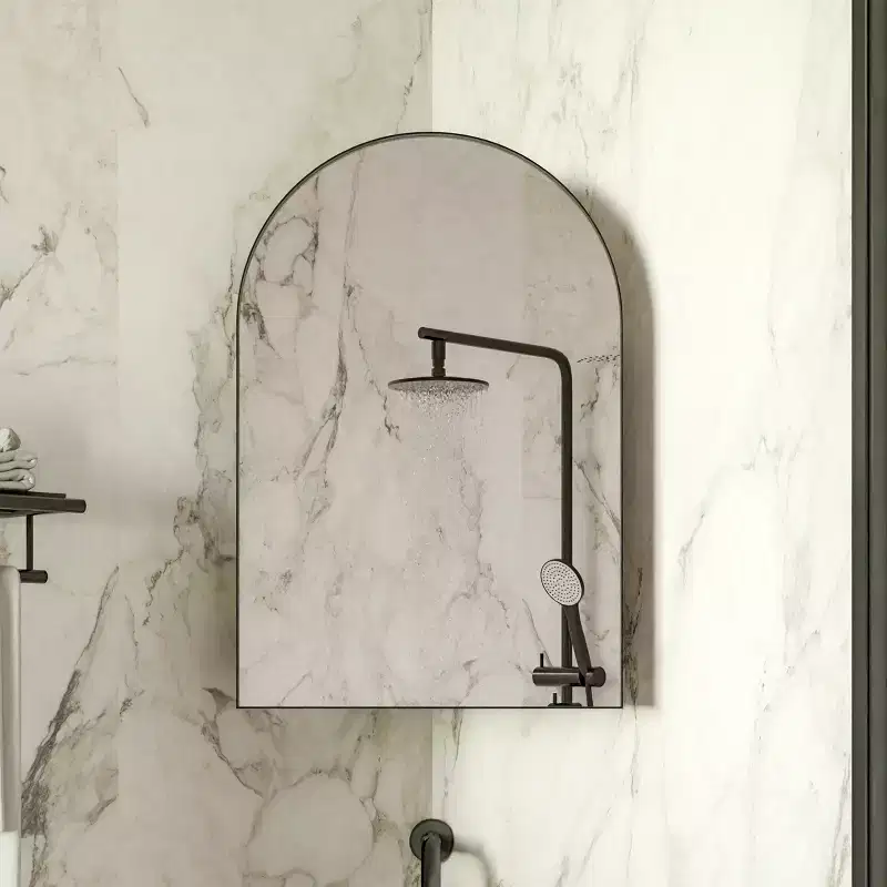 Metal Corner Medicine Cabinet with Arched Mirror, Adjustable Glass Shelves, Space-Saving Bathroom Storage Organizer