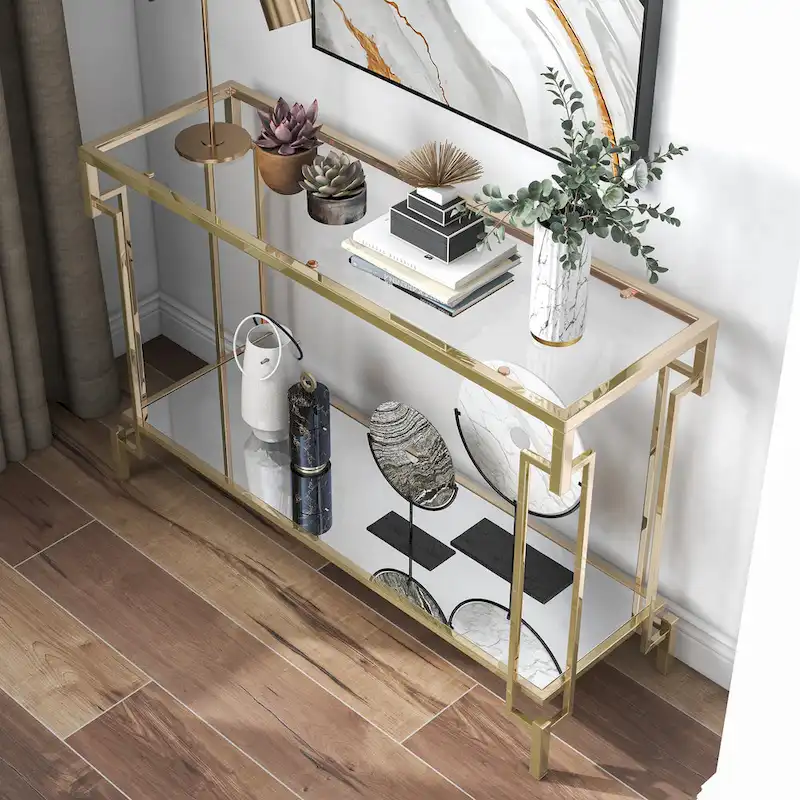 Champagne Glam Console Table with Glass Top & Mirror Shelf, 1-Shelf