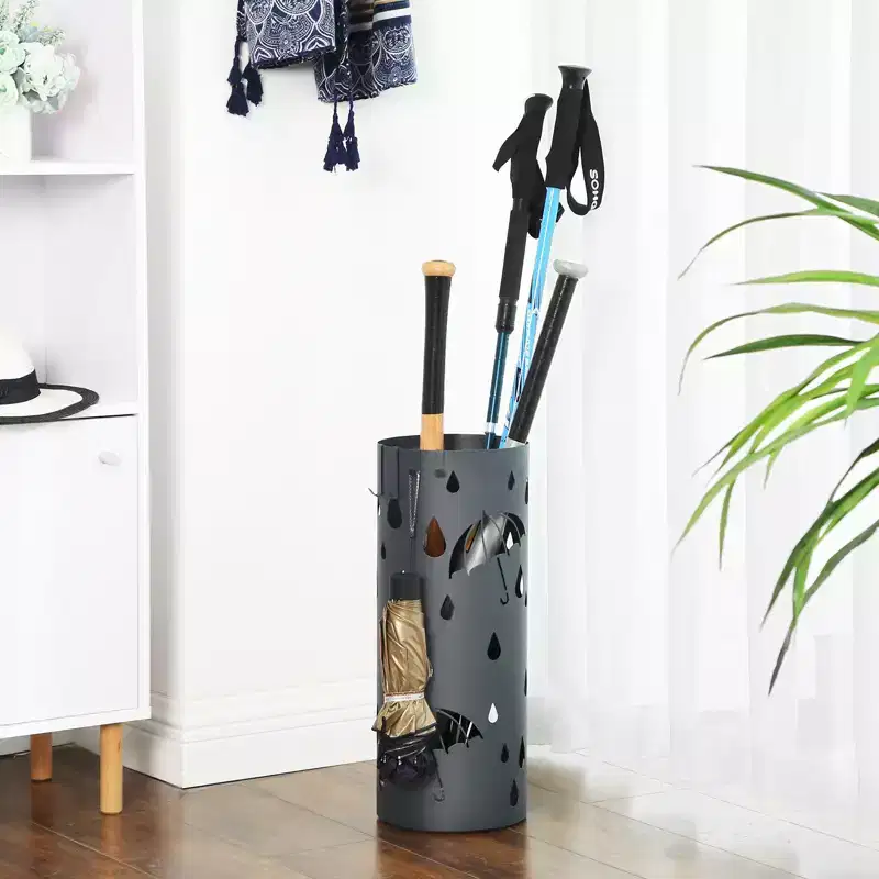 Umbrella Stand, Metal Umbrella Holder for Entryway, with Water Tray and 4 Hooks, 7.7 x 7.7 x 19.3 Inches, Round