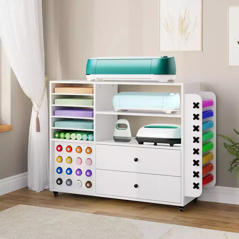 42 Mobile Craft Storage Cabinet with Work Table  2 Large Drawers & 24 Vinyl Roll Holders, Organizer Cart for Studio & Craft Room