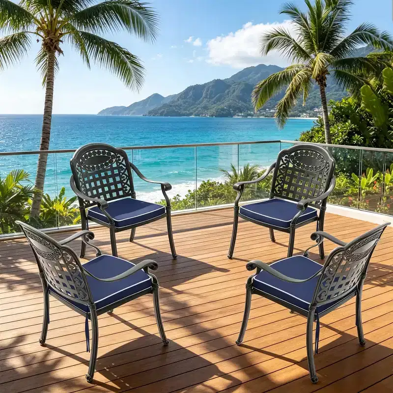 Set of 4 Cast Aluminum Patio Dining Chairs, Black Rust Resistant Frame with Water Resistant Cushions