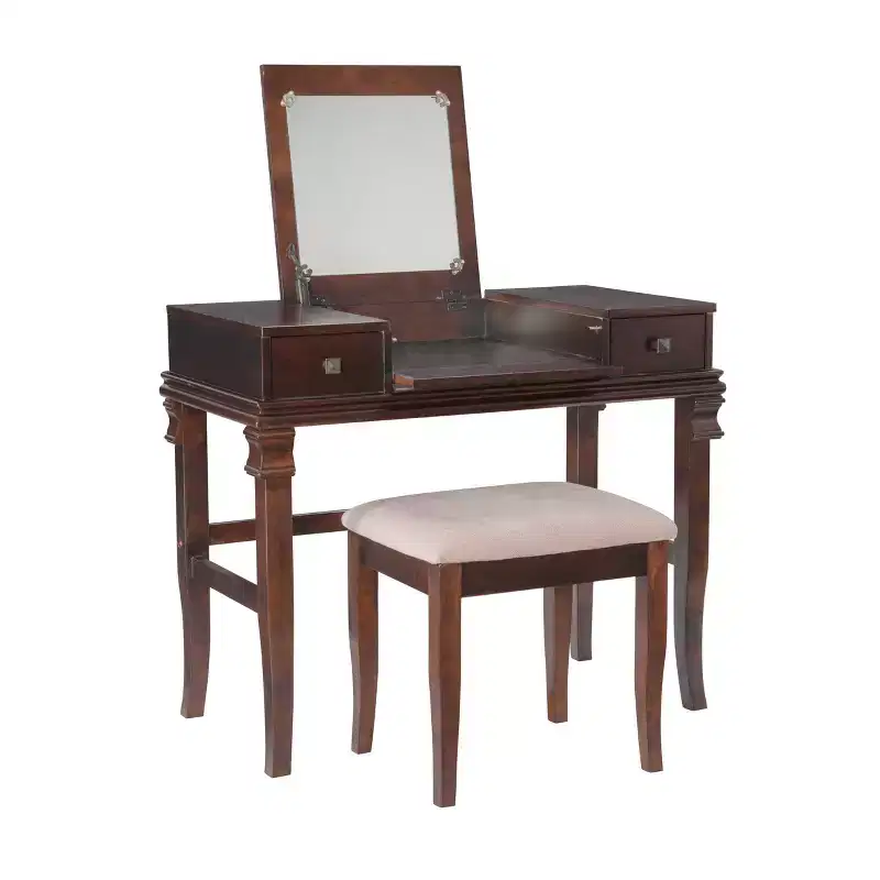 Traditional Walnut Wood Vanity with Flip-Up Mirror, 2 Drawers & Cream Upholstered Stool