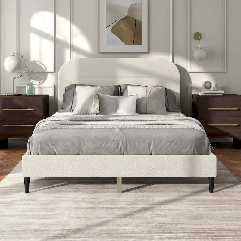 Modern White Boucle Adjustable Queen-Size Platform Bed