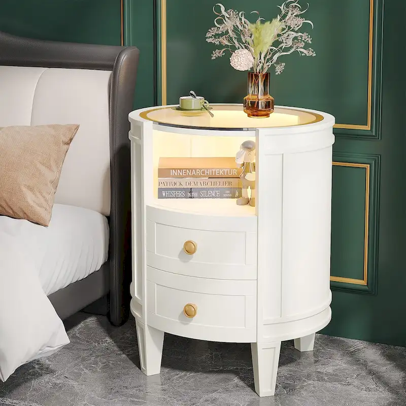 Round Nightstand with 2 Drawers, LED Light and Open Shelf – 25.5 Inch Tall