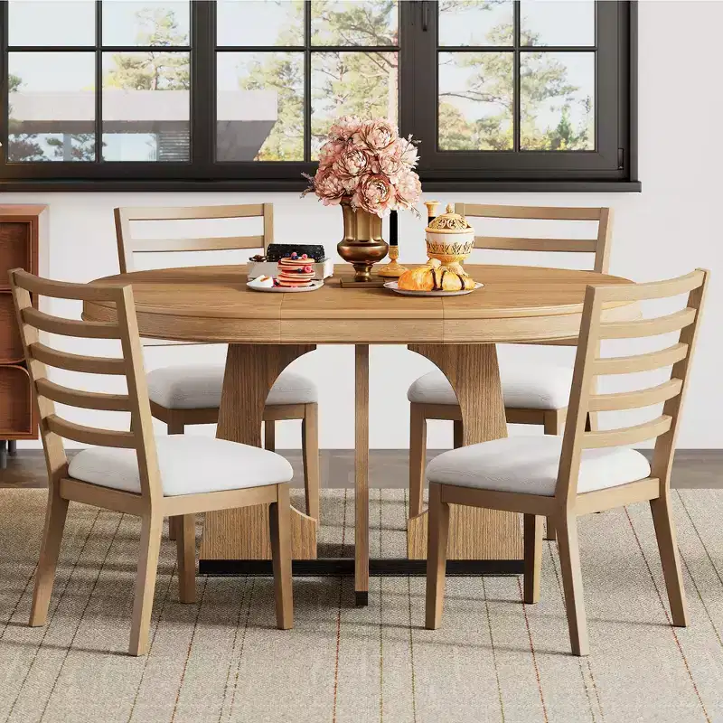 Whisen 5-Piece Retro Rustic Functional Dining Set with 1 Extendable Table and 4 Upholstered Chairs