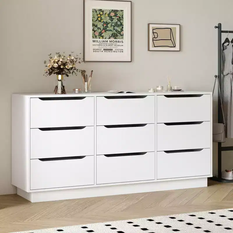 Bedroom Features 9-Drawer Storage with Drawers, Large Wood Flooring and Drawer Cabinets,White