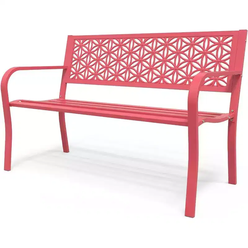 VINGLI 50 Outdoor Bench Metal with Floral Back, Garden Bench Front Porch Bench for Yard Patio Entryway Park Outside, 800lb Capacity - Pink