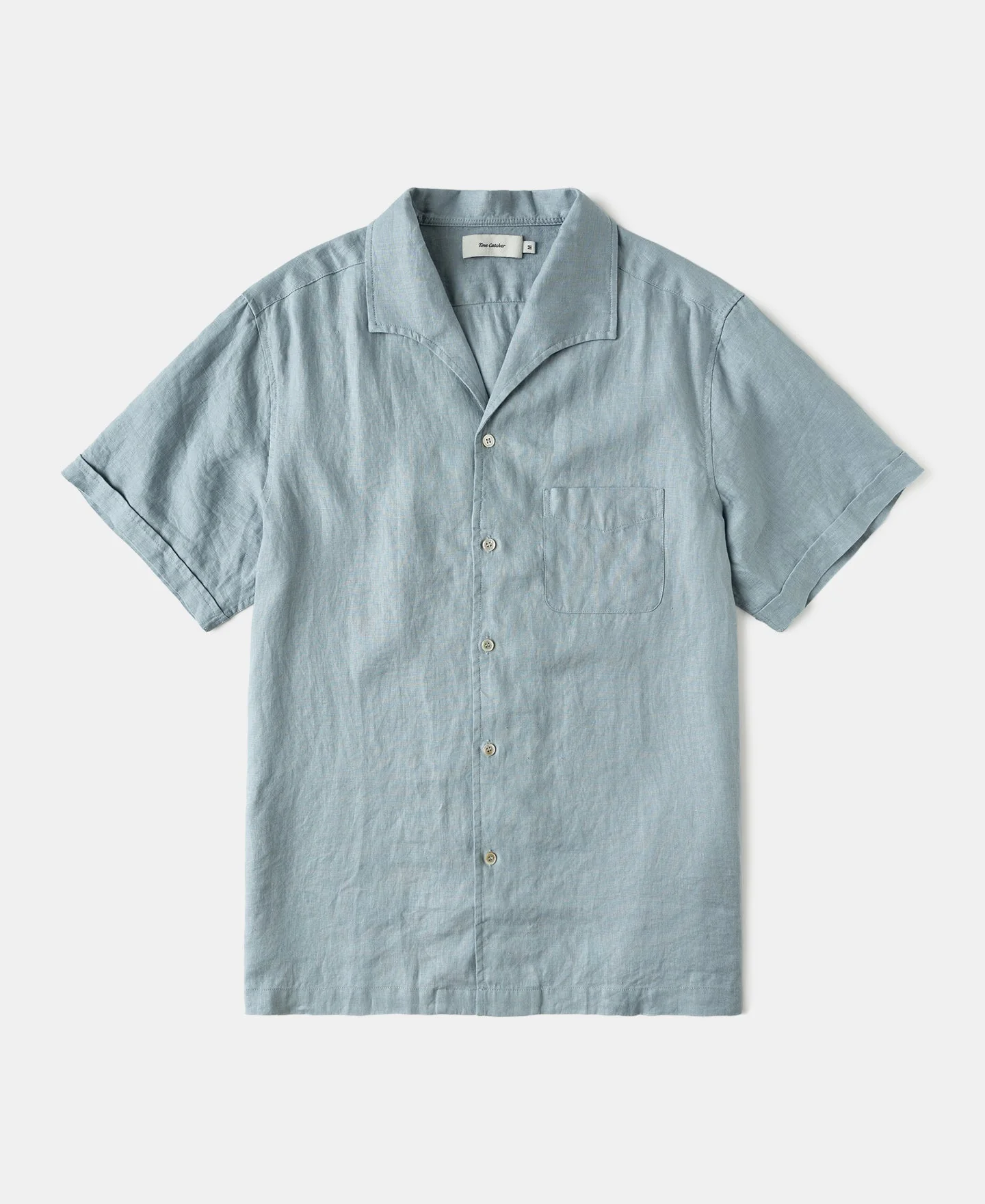 1950s Italian Collar Linen Short Sleeve Shirt - Light Blue