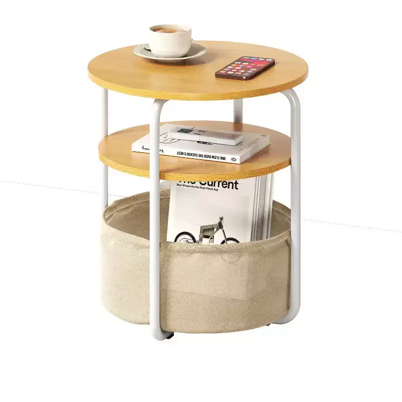 Small Round Side Table with Storage Bag, 3-Tier Accent Round End Table, Vintage Sofa Corner Table, for Living Room