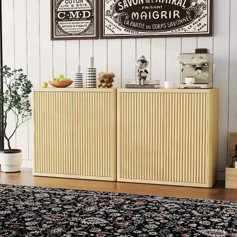 2-Tier Buffet Cabinet with Double Fluted Doors, Modern Sideboard with Adjustable Shelves for Space-Saving Dining Room Storage, Natural
