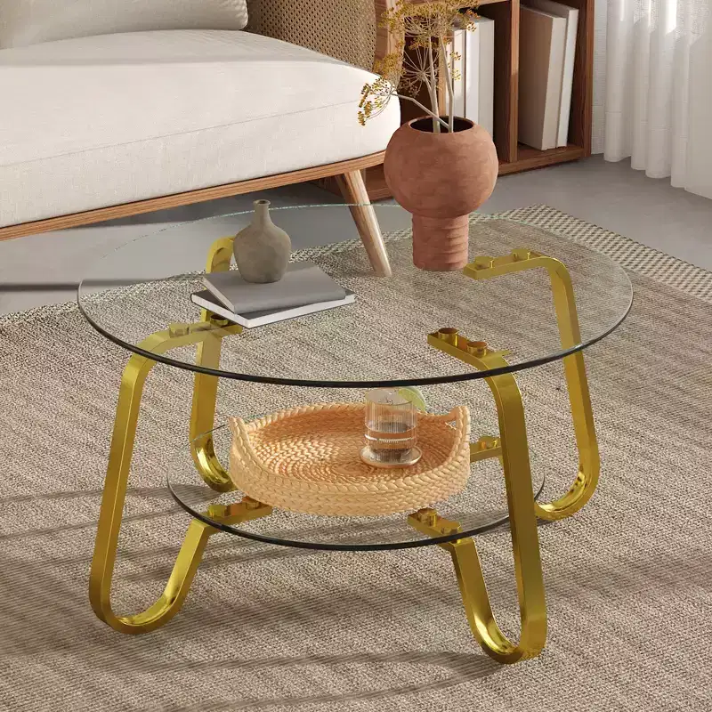 Retro Minimalist Metal Frame Coffee Table with Double Tempered Glass Layers, Size 31.5x31.5x17.7 Inches