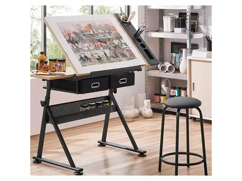 Height Adjustable Drafting Table, 0-75 Tilting Drawing Table Art Desk for Adults, Artist Desk with 2 Storage Drawers, with Stool
