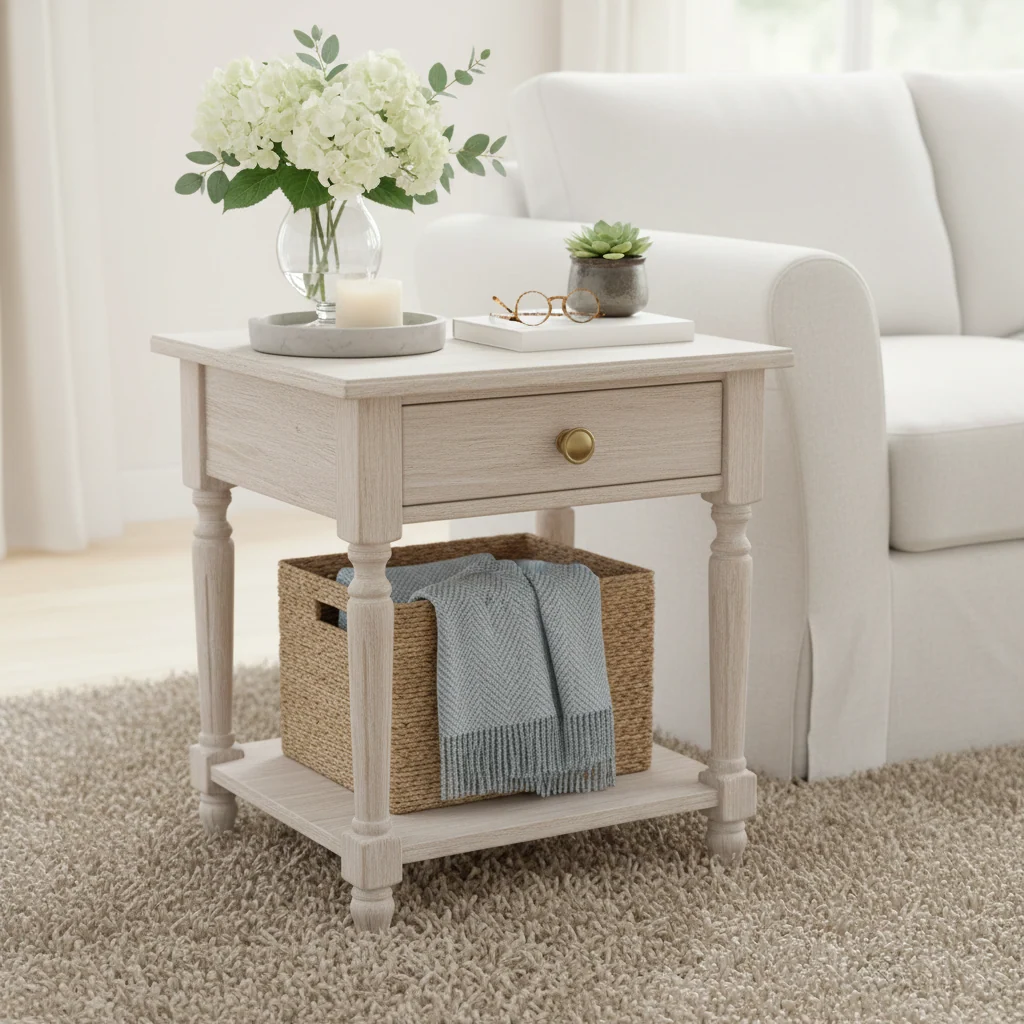 French Countryside Nightstand, Light Natural, Bronze Handle, Open Storage