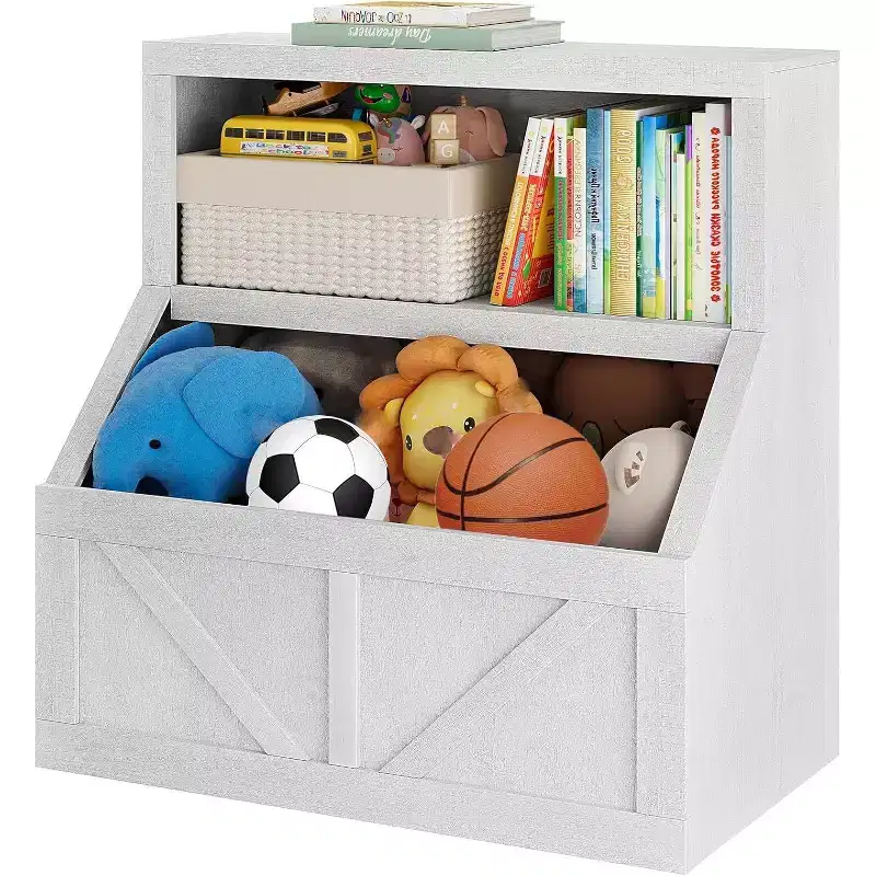 Antique White / White 2-Tier Kids Bookshelf with Lower Cabinet, 1-Person Use