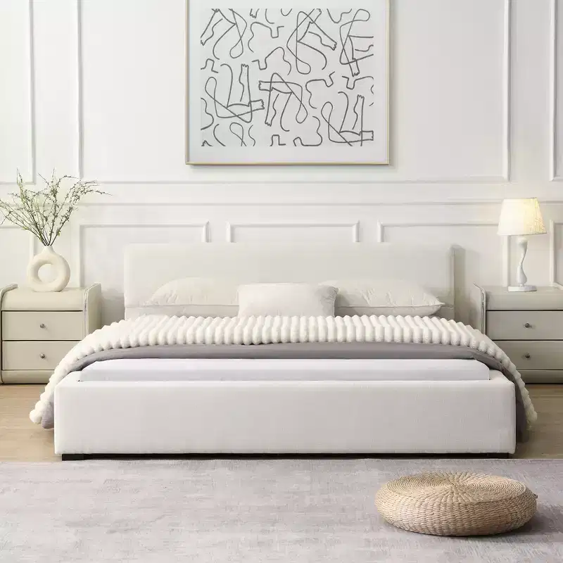 Queen/King Size Upholstered Platform Bed Frame Elegant Minimalist Bed with Headboard, Beige - ModernLuxe