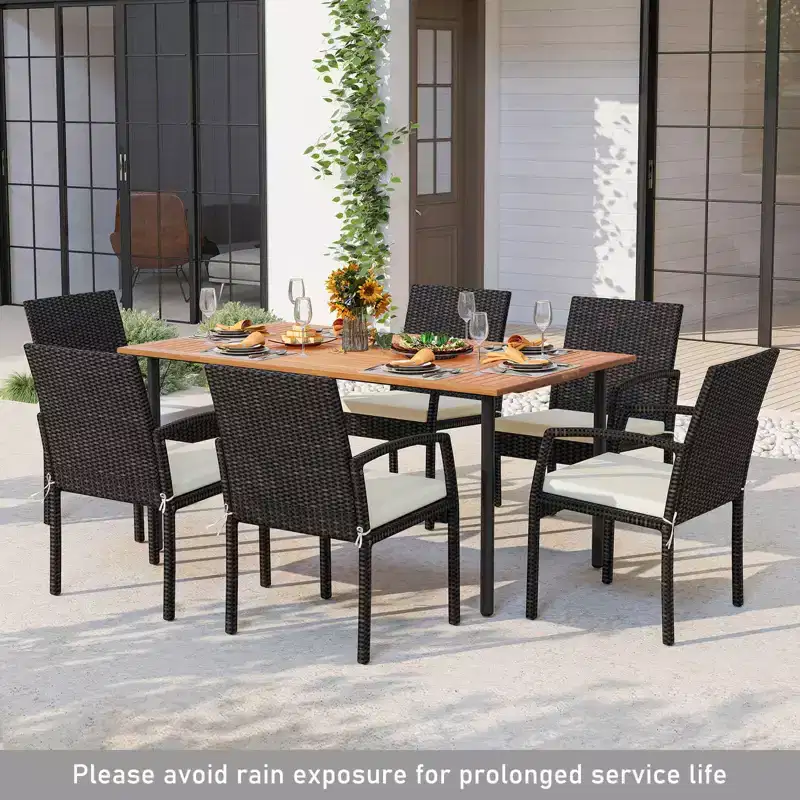 Costway 7PCS Patio Rattan Dining Set Table Top W/Umbrella Hole