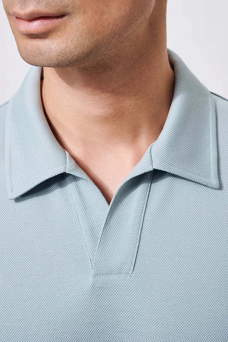 Waffle-Knit Buttonless Polo – Teal Green
