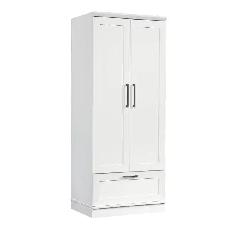 2-Door Armoire Wardrobe Soft White MDF with Drawers and Metal Hardware