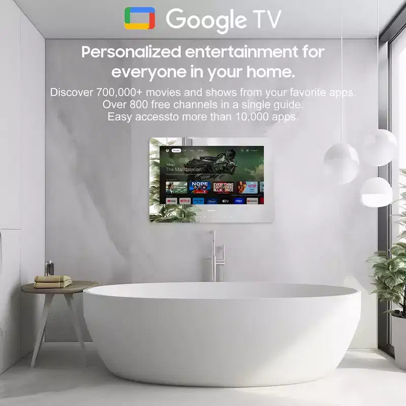 SYLVOX 19 Bathroom TV, 1080P Smart Mirror TV, 500Nits Newest Google TV Support Google Assistant, IP65 Waterproof TV for Bathroom Shower (Wall Mount)