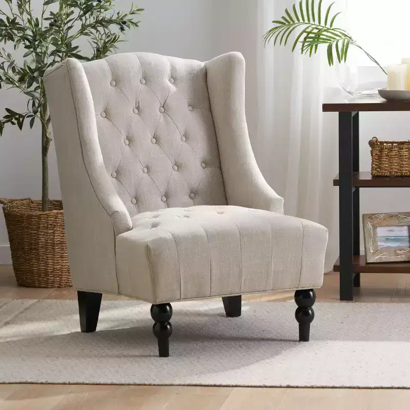 Okak Elegant Accent Chair Button-Tufted Living Room Chair with Upholstered Cushion Club Chair with Wood Legs High Back for Reading Room Bedroom, Beige