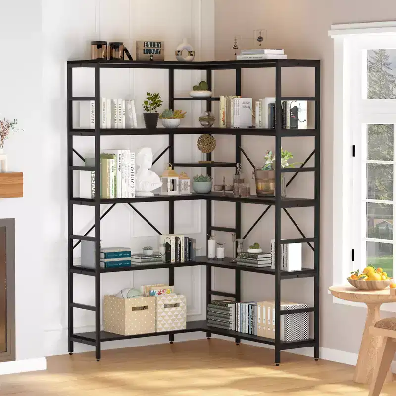 5 Tier Corner Shelf, industrial Bookshelves, l Shape Tall Bookcase,Freestanding Display Shelf for Living Room, Home Office