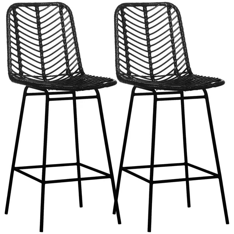 Rattan Counter Height Barstools Set of 2 Steel Frame Footrest 26
