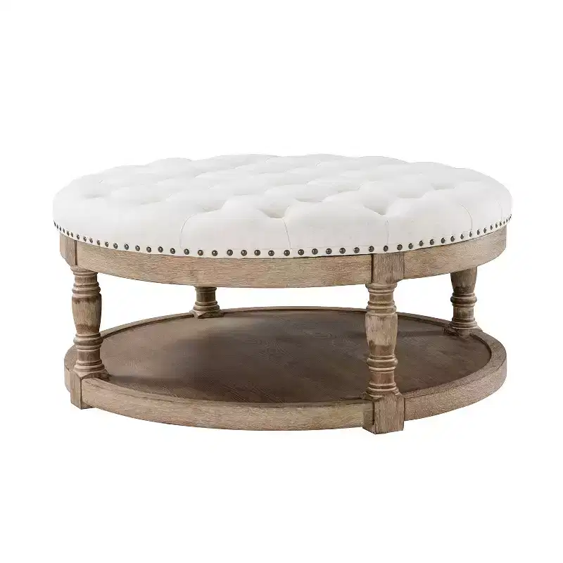 Illyria 36 Wide Transitional Tufted Round Cocktail Ottoman with Storage and Nailhead Trims for Bedroom and Living Room| ART OF LIVING DESIGNS