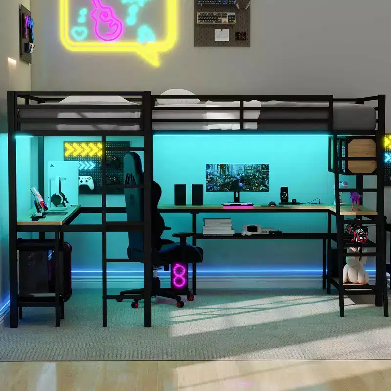 Twin Size L-Shaped Metal Loft Bed with 2 Built-in Desks, LED Lights, Charging Stations, Space-Saving Study/Gaming Bed, Black - ModernLuxe