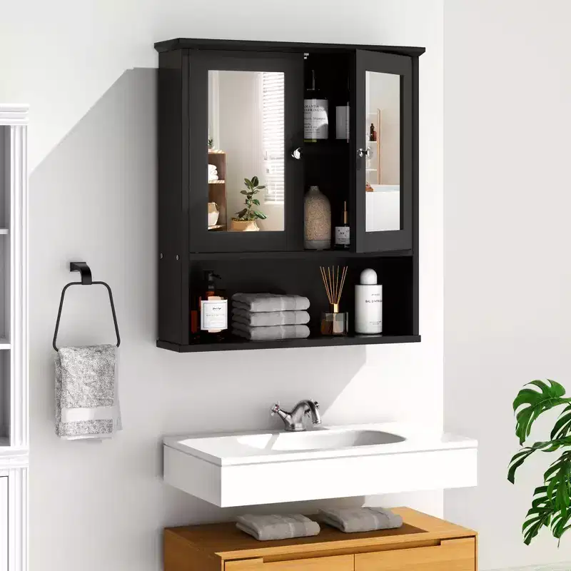 Celebalcony Bathroom Medicine Cabinet with Mirror, Wall Mounted,Open Compartment Wooden Hanging Organizer with Doors and Adjustable Shelves