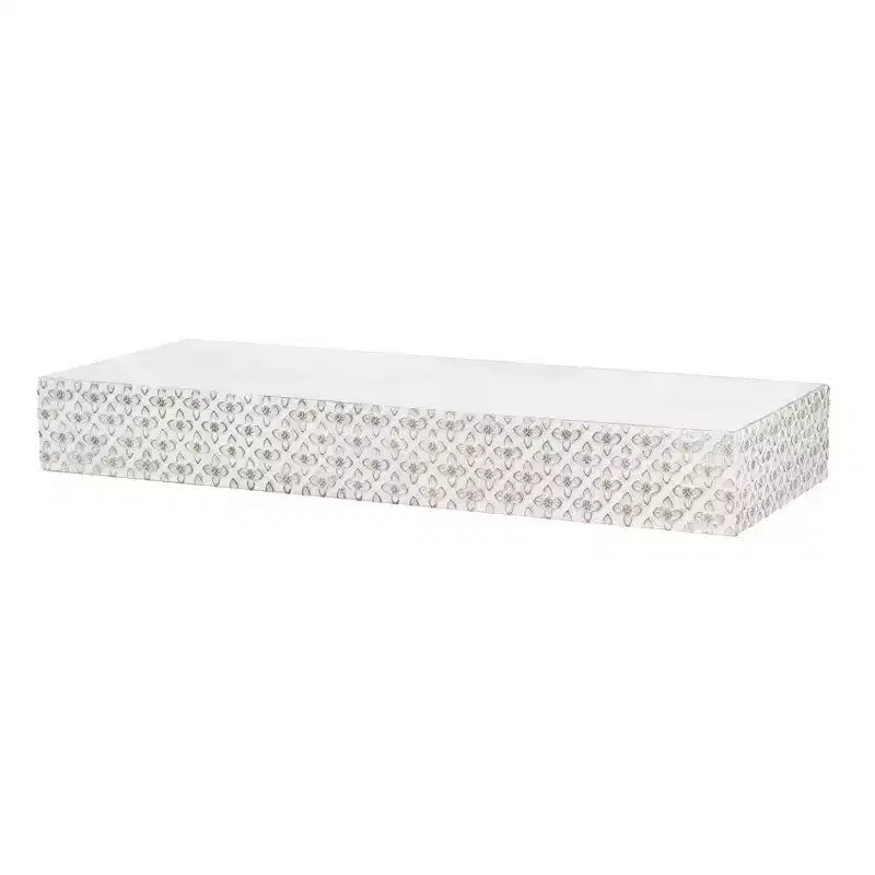 Small Embossed Wood Floating Decorative Wall Shelf White - American Art Decor: Modern Style, No Assembly, MDF & Wood Material