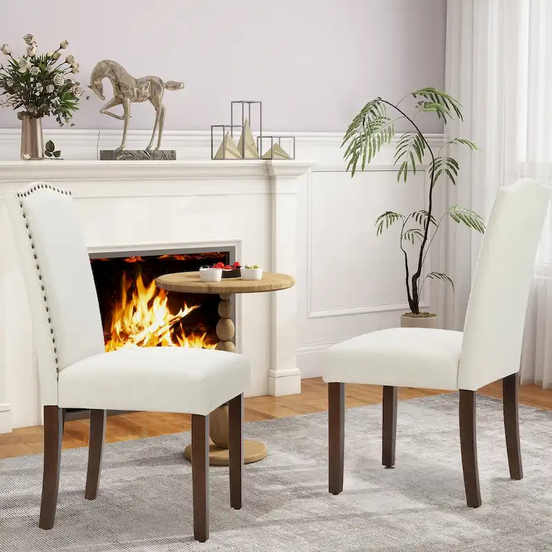 Dining Chairs of 2, Upholstered Dining Room Chairs Fabric Kitchen Chairs with Solid Wood Frame and Nailhead Trim