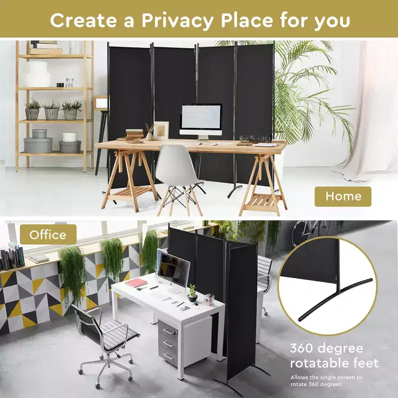 4-Panel 5.6ft Room Divider Folding Fabric Privacy Screen with Steel Frame White/Black/Brown