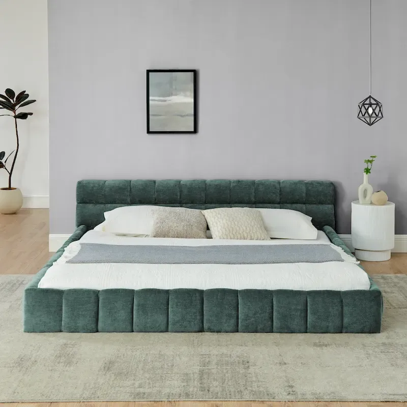 King Size Upholstered Bed Frame with Chenille Fabric, Sturdy Platform Bed Featuring Headboard and Solid Wood Frame