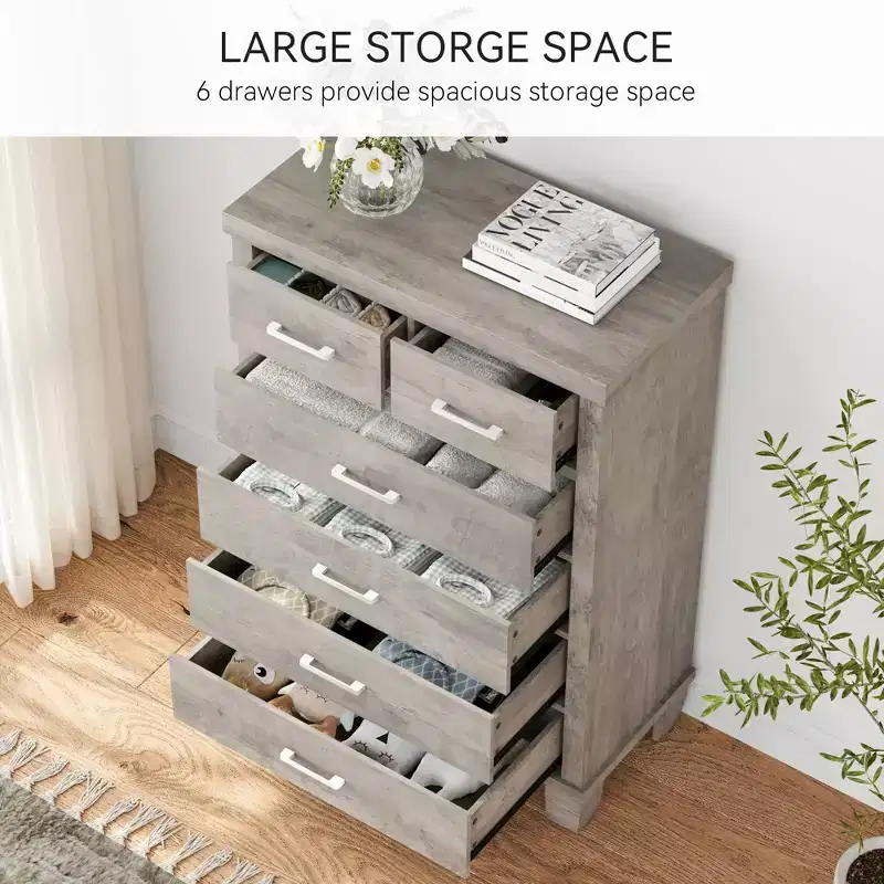 Dresser for Bedroom with 6 Drawers, 45 Tall Grey Chests of Drawers with Storage, Wooden Dresser for Closet for Bedroom, Living Room, Entryway